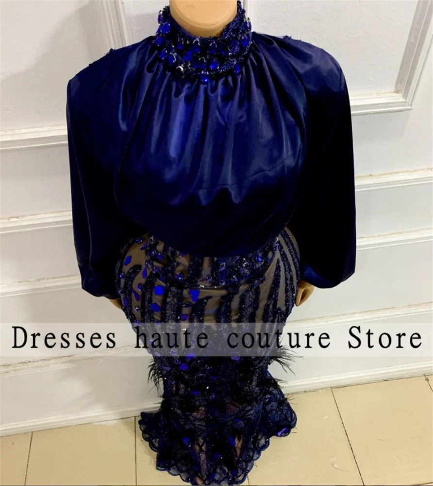 

Aso Ebi Royal Blue Beaded Mermaid Evening Dresses 2023 Whit Feathe Long Sleeve Birthday Party Gowns Wedding Guest Wear Custom