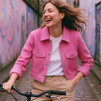 معطف نسائي وردي أنيق من HH مع جيوب أمامية سترة واحدة الصدر بأكمام طويلة ملابس خارجية متينة للربيع والخريف للسيدات