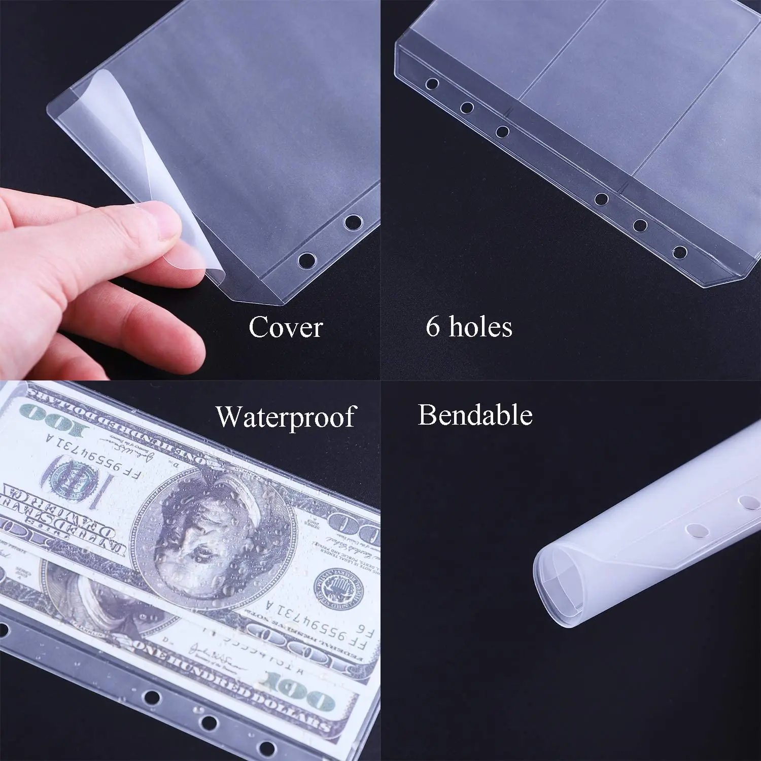 A6 Binder Pocket Cash Budget Envelope 6-Hole Transparent Waterproof PVC Folder Bag Fits 6 Ring Buckle Folders