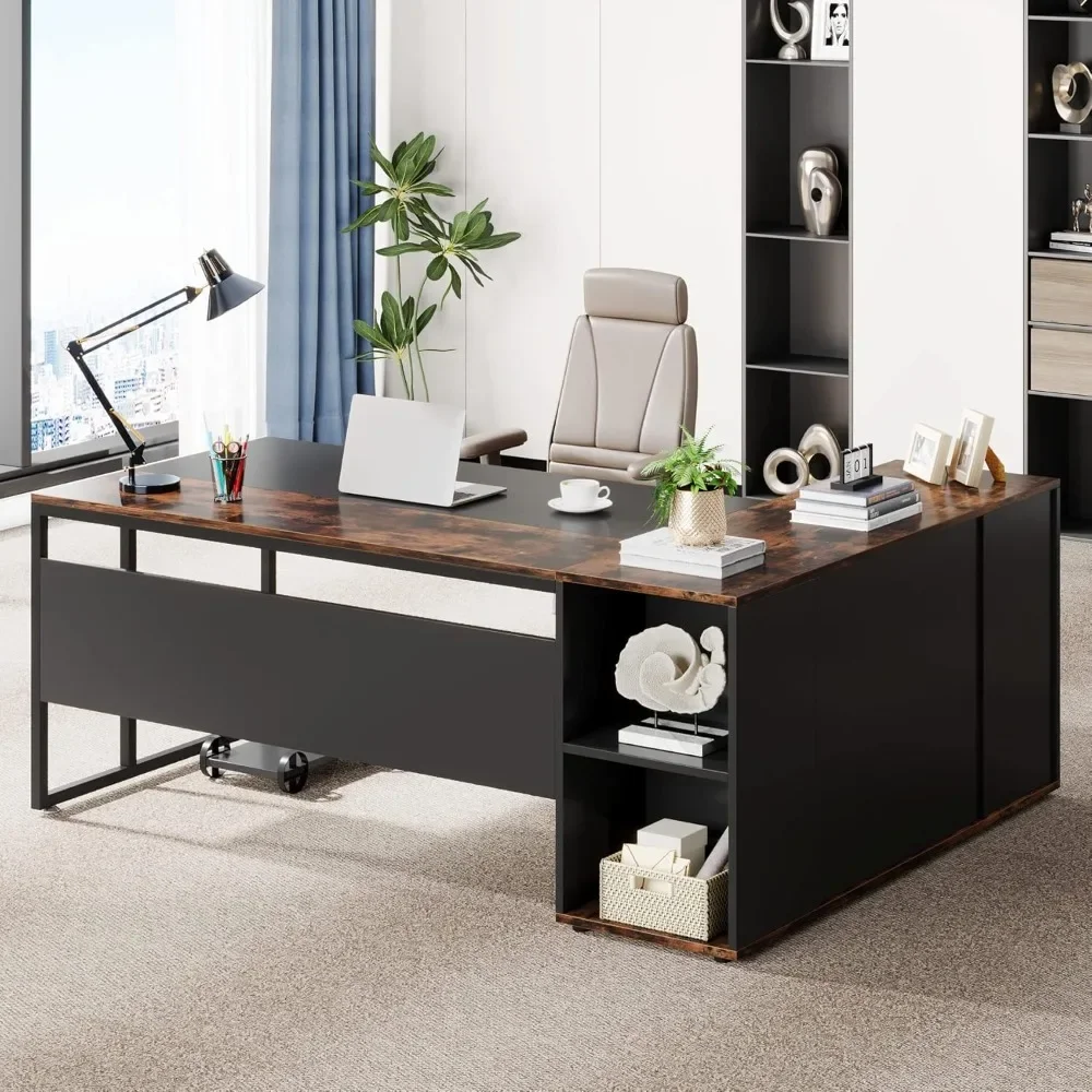 71 inch Executive Desk, L Shaped Desk with Cabinet Storage, Executive Office Desk with Shelves, Business Furniture