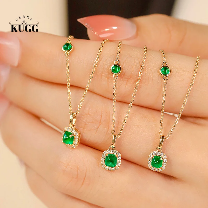 

KUGG 18K Yellow Gold Necklace Romantic Elegant Style Natural Emerald Shiny Diamond Gemstone Necklace for Women Birthday Gift