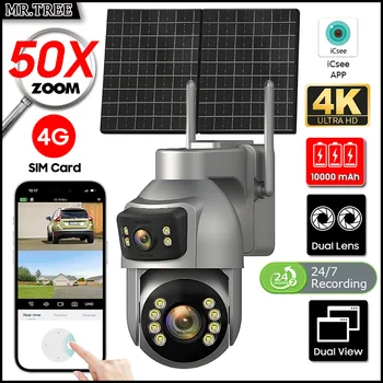 Telecamera di Sorveglianza Esterna 4G con SIM e Pannello Solare, Zoom 50X, Tracciamento Automatico, Protezione Domestica, Visione Notturna 10MP, Registrazione 24 Ore