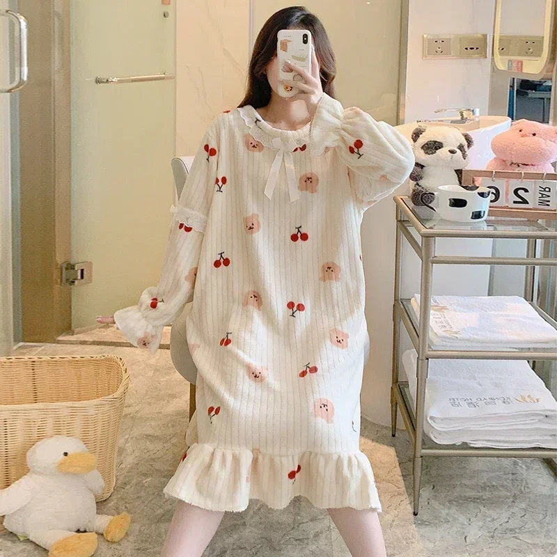 Plus Size Long Sleeve Thick Warm Flannel Print Nightgowns for Women New Winter Cute Lace Sleepwear Night Dress Nightdress Nighty