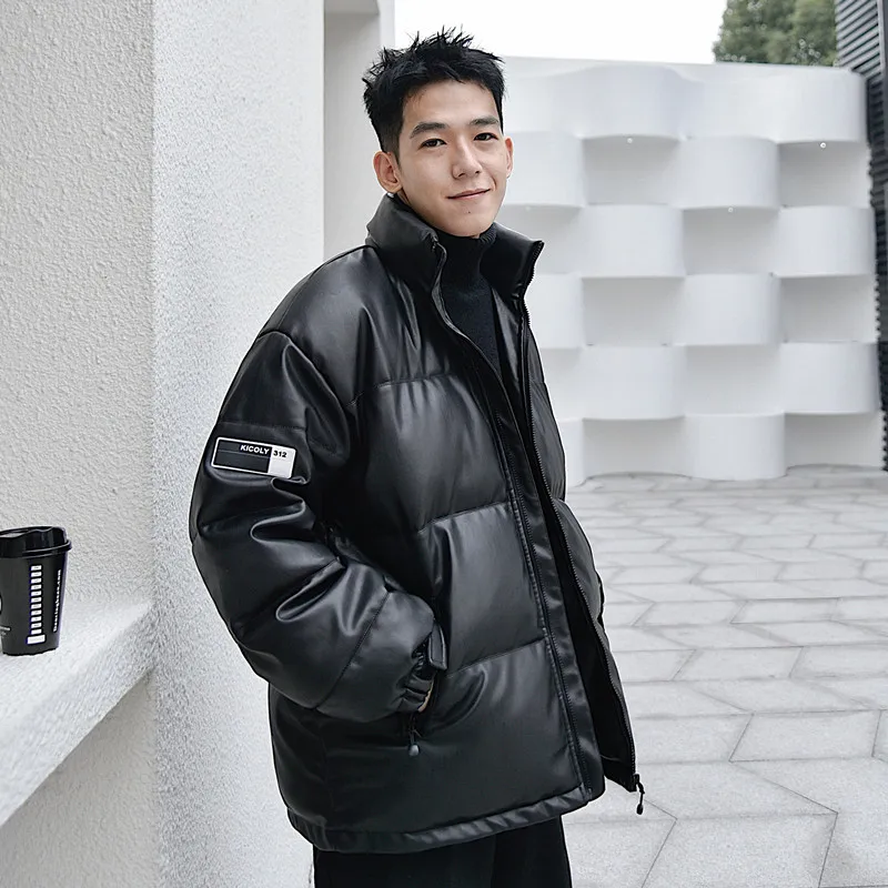 Leather down Cotton-Padded Coat for Men Winter Cotton-Padded Jacket New Thickened Fleece-Lined Cotton Coat Men's Winter