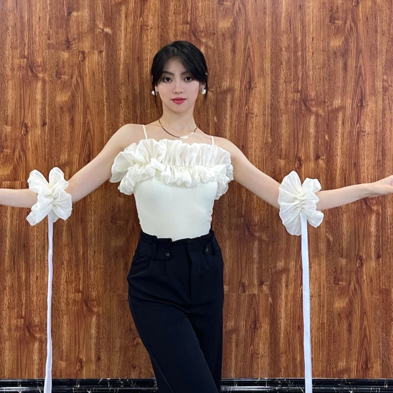 

Женский топ без рукавов, белый топ для латиноамериканских танцев с оборками, танцевальный Топ для тренировок, SL6658, 2023