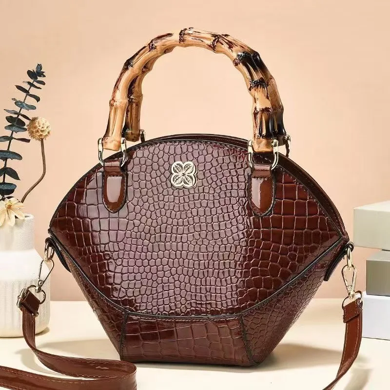 NICOLE & DORIS Dames handtas leer hengseltas tas retro krokodillenpatroon designer schoudertas vrouwen schoudertas werktas shopper tote bag met zijden doek, zwart, Large, Retro