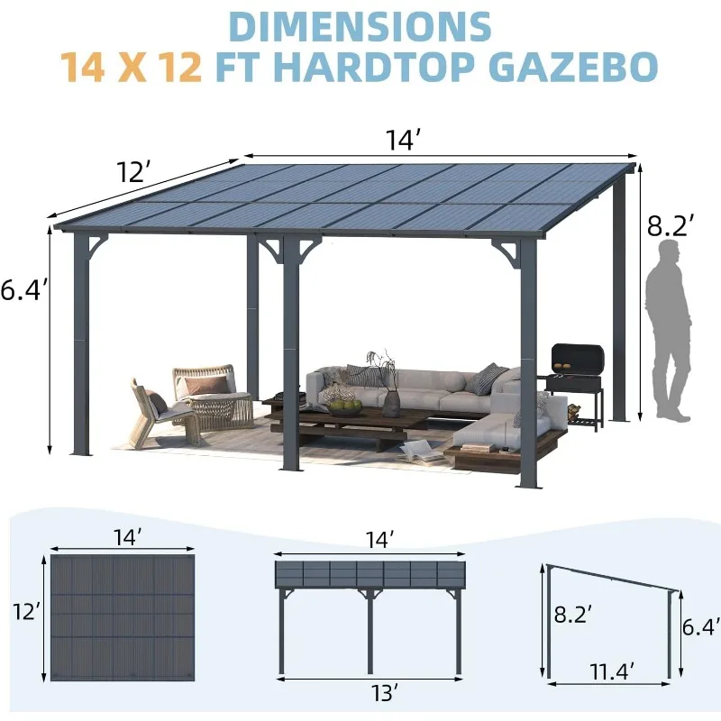 AECOJOY 14' x 12' Gazebo Outdoor Pergola for Patio,Wall-Mounted Hard Top 12x14 Lean to Metal Gazebo Shelter Pergolas and Gazebos