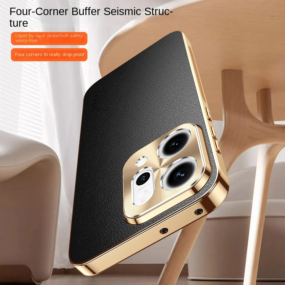 Cowhide Lychee Texture Electroplated Frame Case with Lens Protection