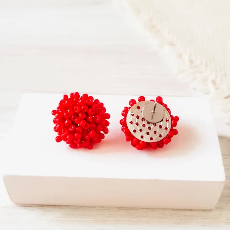 

NEW TRUE RED 15mm Small Seed Bead Topper All Stainless Steel Stud Beaded Dome Finding, Pom Pom Style Beaded Jewelry Connector