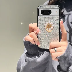Luxury Sparkling Flower Ring Buckle Phone Case with Sequin Shiny Lattice Back Cover - Pixel 11Pro (White)