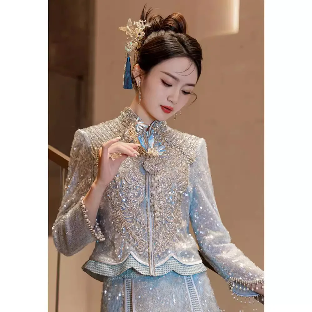 Blue Xiuhe Clothing Bridal Exit Clothing Malay Gown Skinny Dragon Phoenix Gown Toasting Wedding