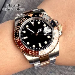 BLIGER Black Mechanical Men Watch 24 Jewels NH35 MIYOTA 8215 PT5000 Two Tone Rose Gold Stainless Steel Strap Ceramic Insert