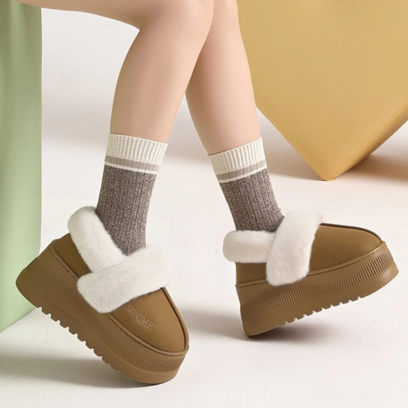 Winter Chunky Platform Cotton Slippers Women Height Increase Non Slip Fluffy Snow Boots Woman Thick Bottom Bag Heels Plush Slide