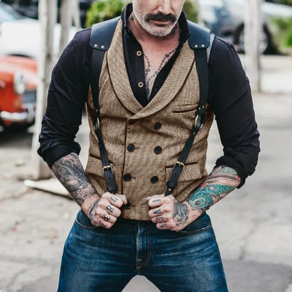 Houndstooth Fabric Gilet Men Double Breasted Vests for Men Lapel Vest Man Dress Waistcoat Men's Luxury Clothing Steampunk Male
