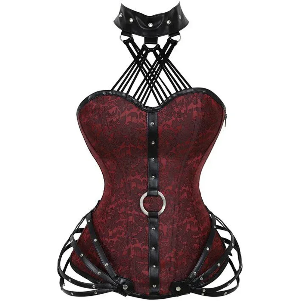 

Halter Leather Corset Gothic Steampunk Clothing Women Plus Size Bustiers Burlesque Clubwear Steel Boned Overbust Corselet 6XL
