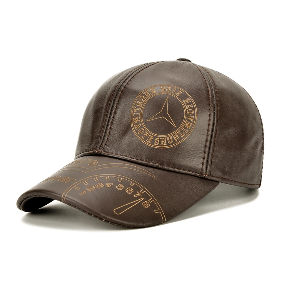 Fashion Men Genuine Cowhide Leather Baseball Cap Casual Real Leather Hat Autumn Winter Real Cowhide Leather Ear Protection Caps 2
