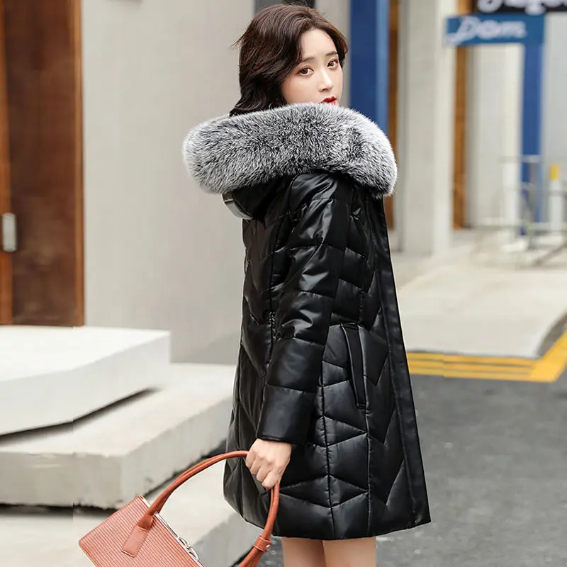 2023 Winter New Women down Jacket Mid length version Slim-Fit Coat Thickened Warm Leather outwear Fox Fur Collar Hooded outcoat