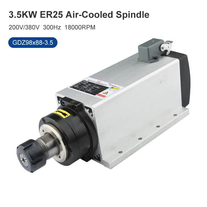 

3.5KW ER25 Air-Cooled Spindle Motor 220v 380v Square With Flanged 4 Ceramic Bearings 18000RPM For CNC Router Milling Machine