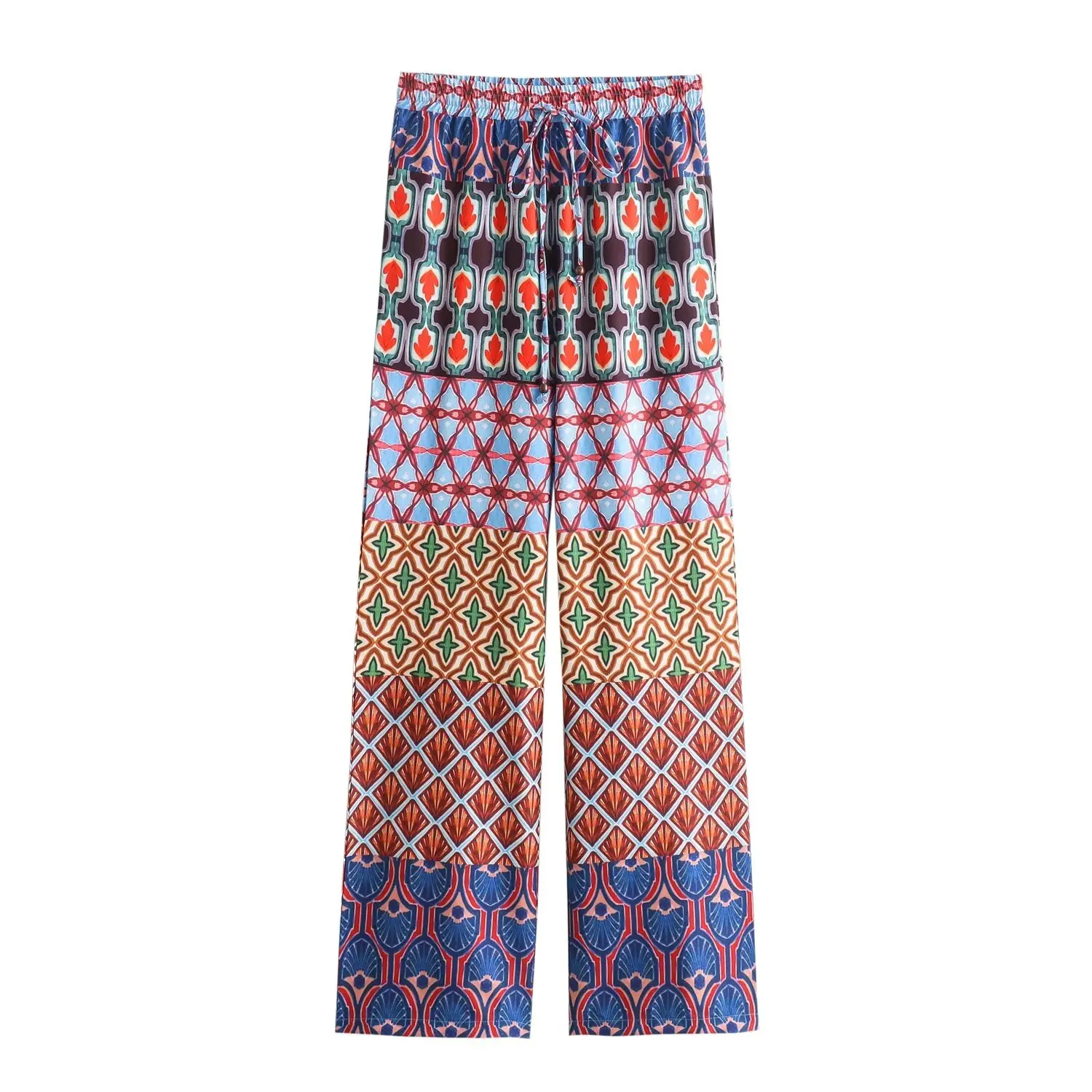 thumbnail image 1 of HH TRAF 2024 Moda Mujer Boho Estampado Manga Larga Cuello en V Pliegues Top Corto + Bolsillos Laterales Diseño Cordón Pantalones Largos Sueltos, 1 of 5