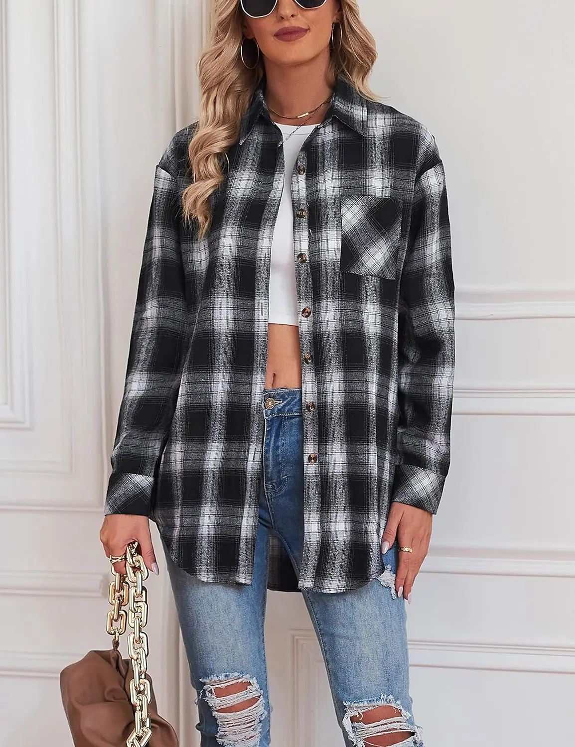 Pregnant women's new foreign trade European and American lapel loose button flannel shirt plaid long sleeved top jacket