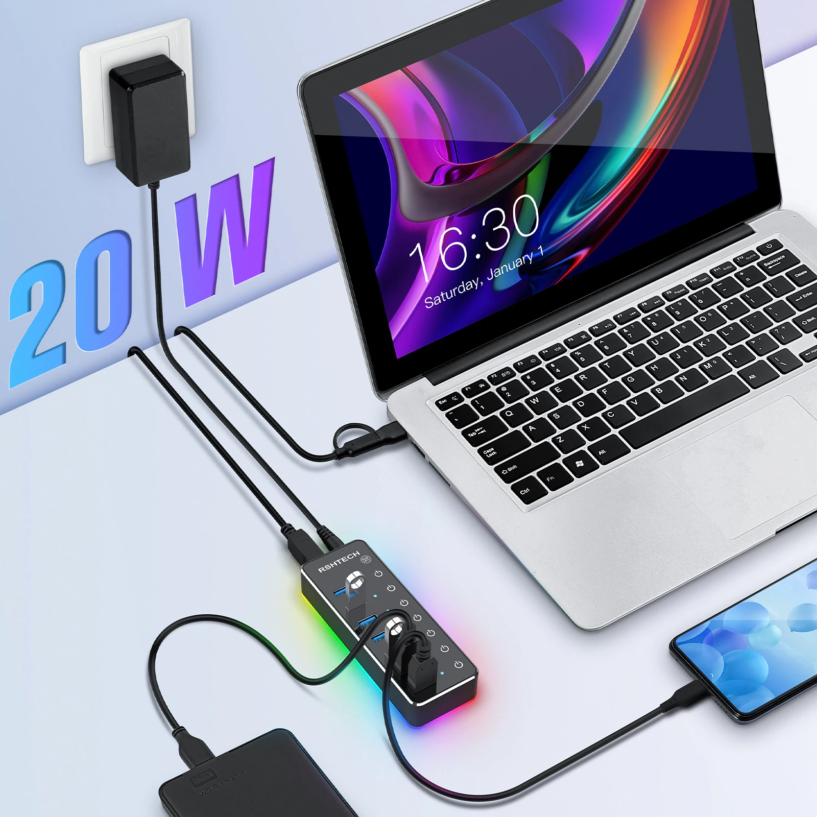 RSHTECH RGB USB 3.0 Hub with 7Port 5Gbps Data Transfer Splitter and 14 Lighting Modes for Computer Laptop PC Accessories 3