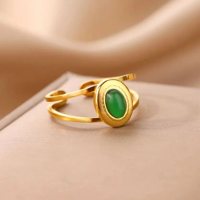 Opal Oval Adjustable Rings Women Gold Stainless Steel