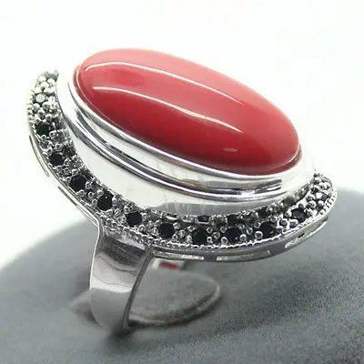 

17X30mm Red Coral 925 Sterling Silver Marcasite Ring Size 7/8/9/10