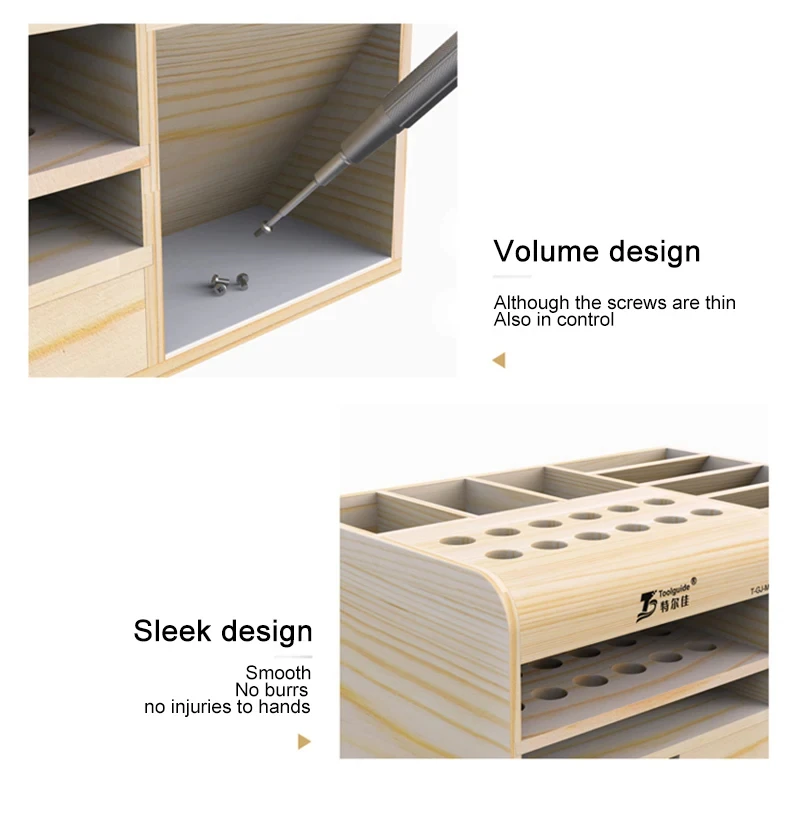 Toolguide Scatola di immagazzinaggio in legno Cacciavite Pinzette Supporto Riparazione del telefono cellulare Reception desktop Strumenti elettronici Scatola di parti di utensili - immagine 5