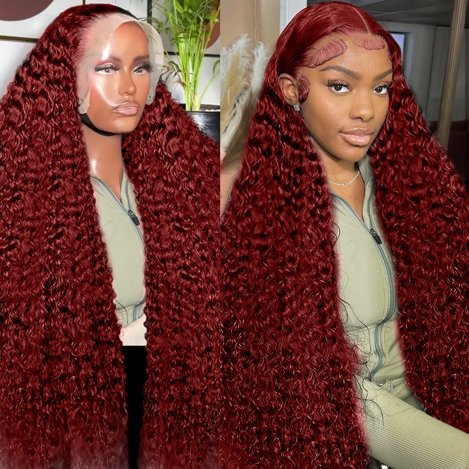 220% Red Colored Deep Wave Lace Frontal Wig Brazlian 30 34 Inch 99J Burgundy Curly 13x4 Lace Front Wigs Human Hair For Women