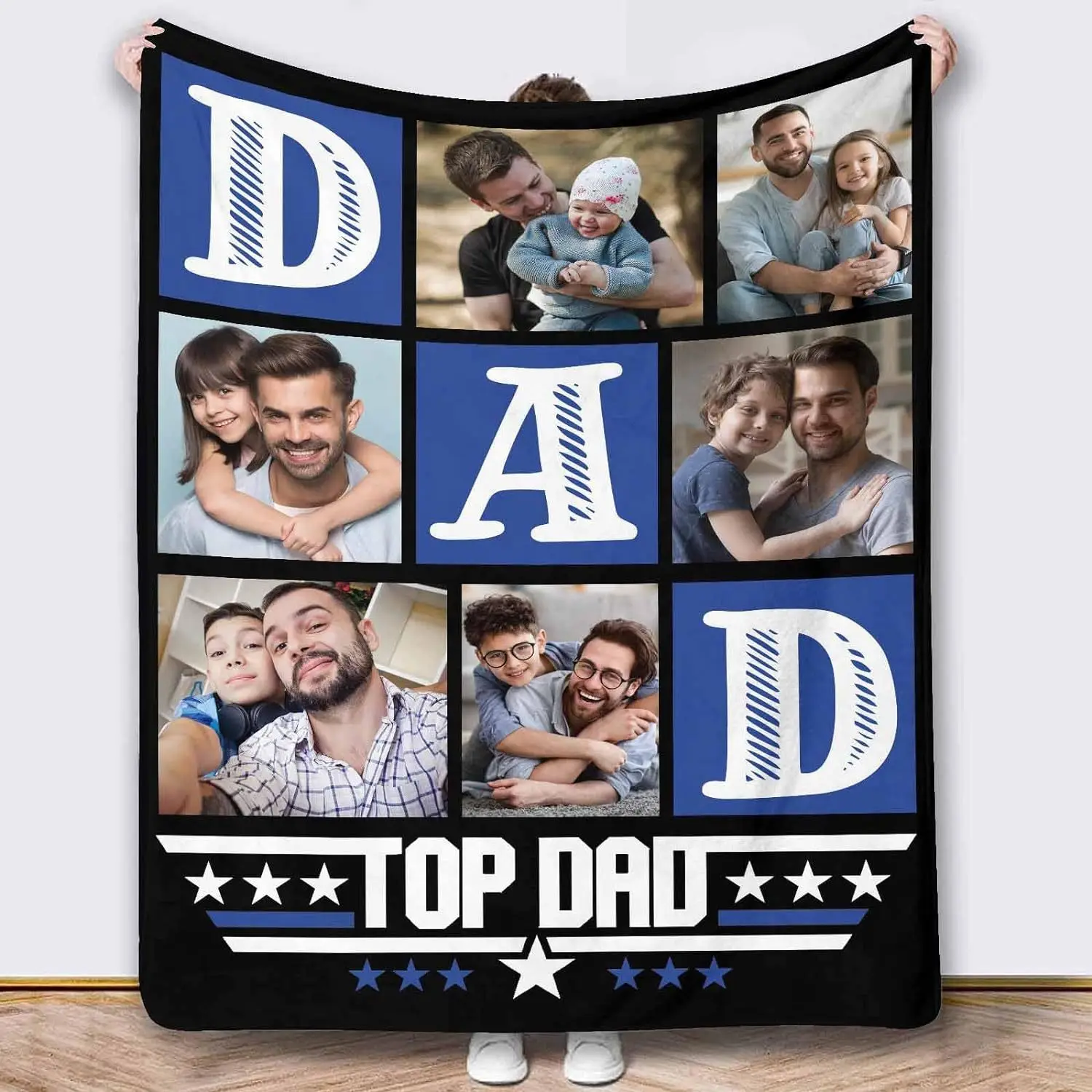

Personalized Dad Gift Picture Blanket in Black and Blue for Dad and Husband, Father's Day Gift for Christmas, Family and Friends
