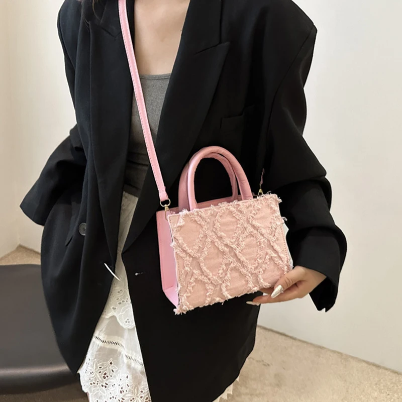 Women's Small Square Bag Diamond Shaped Pattern Raw Edge Shoulder Bag Fashion Trend Crossbody Bag Female Handbag