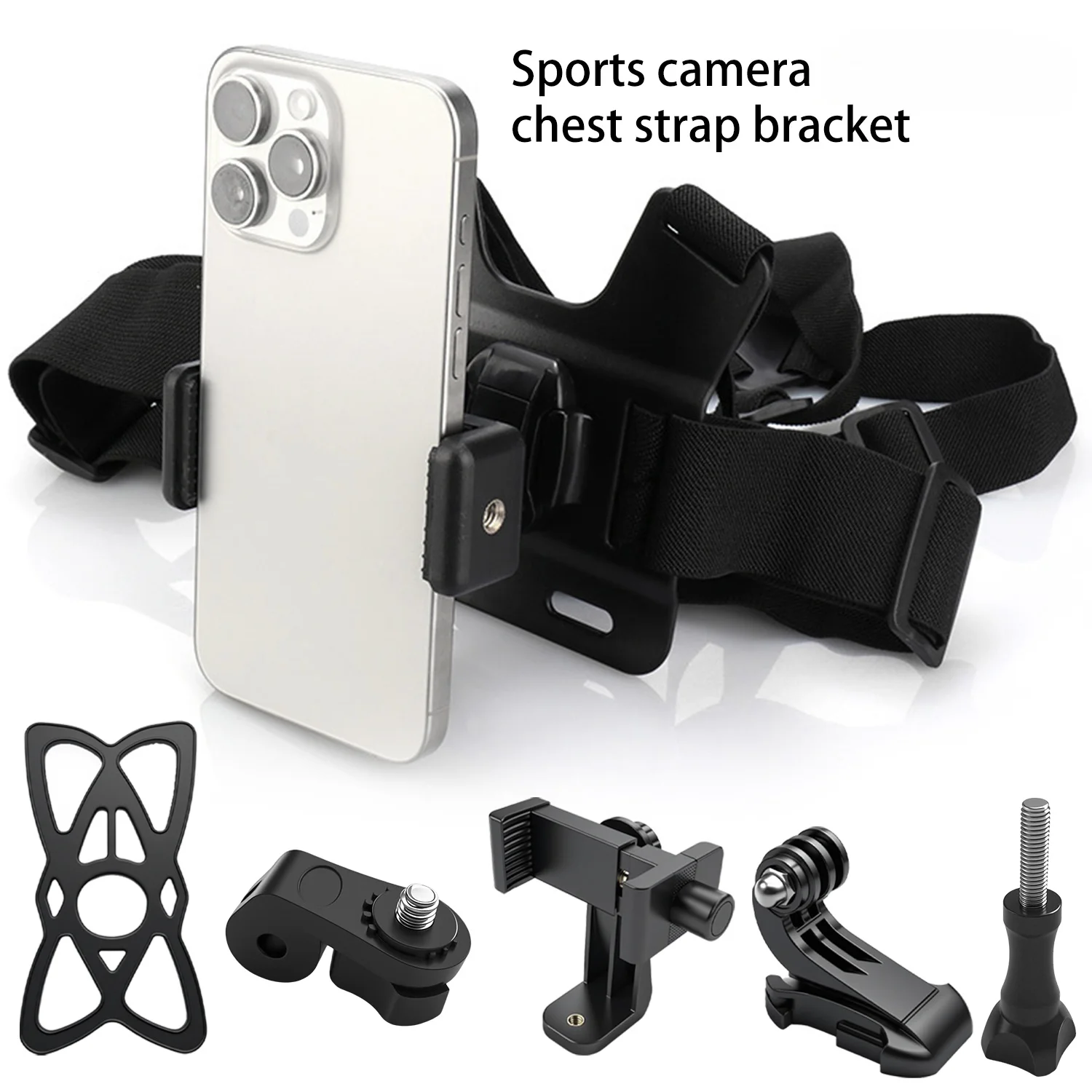 Accessoires GoPro : harnais de poitrine avec six pièces, dont une sangle élastique et des adaptateurs.
