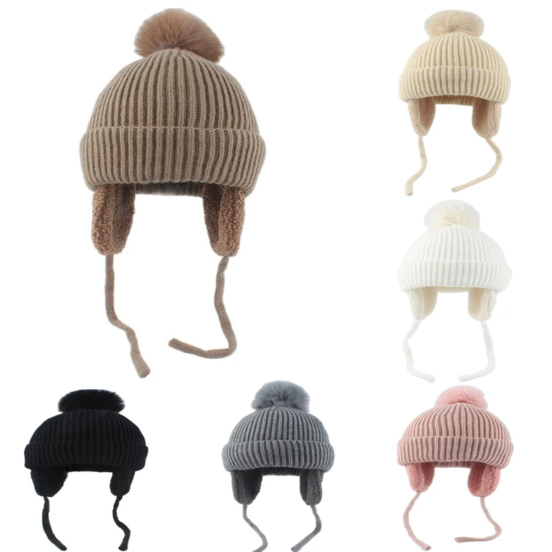 Baby Winter Hat Pompom Kids Boy Girl  Warmmer Earflap Soft Cap Knitted Crochet Hats Bonnet Fleece Lining Beanies 1-6 Years Old 1