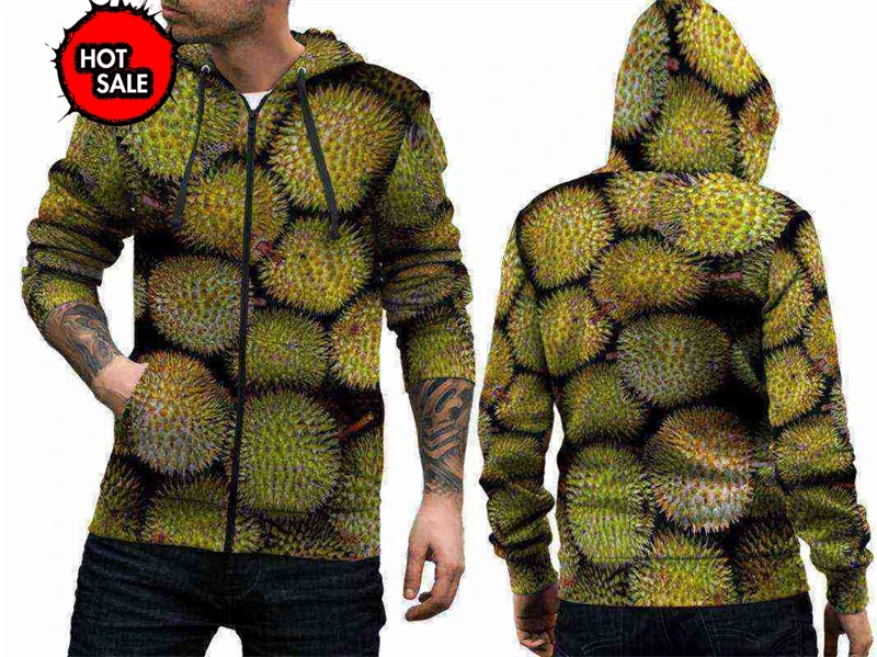 Durian Fruits Graphic Zip Up Hoodies Men Clothing 3D Printing New In Hoodies & Sweatshirts Harajuku Y2k Hooded Pullovers Tops