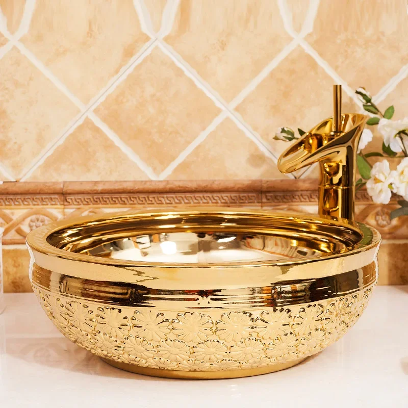 

Jingdezhen Ceramic Table Basin Art Basin Carved Gold Wash Basin European Washbasin Hotel Sink