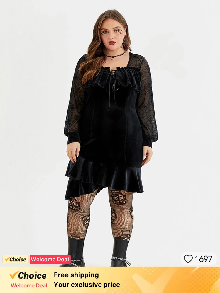 

Plus Sized Clothing Goth Halloween Velvet Spider Web Mesh Velvet Ruffle Hem Dress For Women Vintage Mini Dress Gothic Clothes