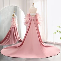 Luxury Feathers White Sequined Mermaid Evening Dress with Cape Long Sleeves Dubai Arabic Wedding Party Dress 235 1