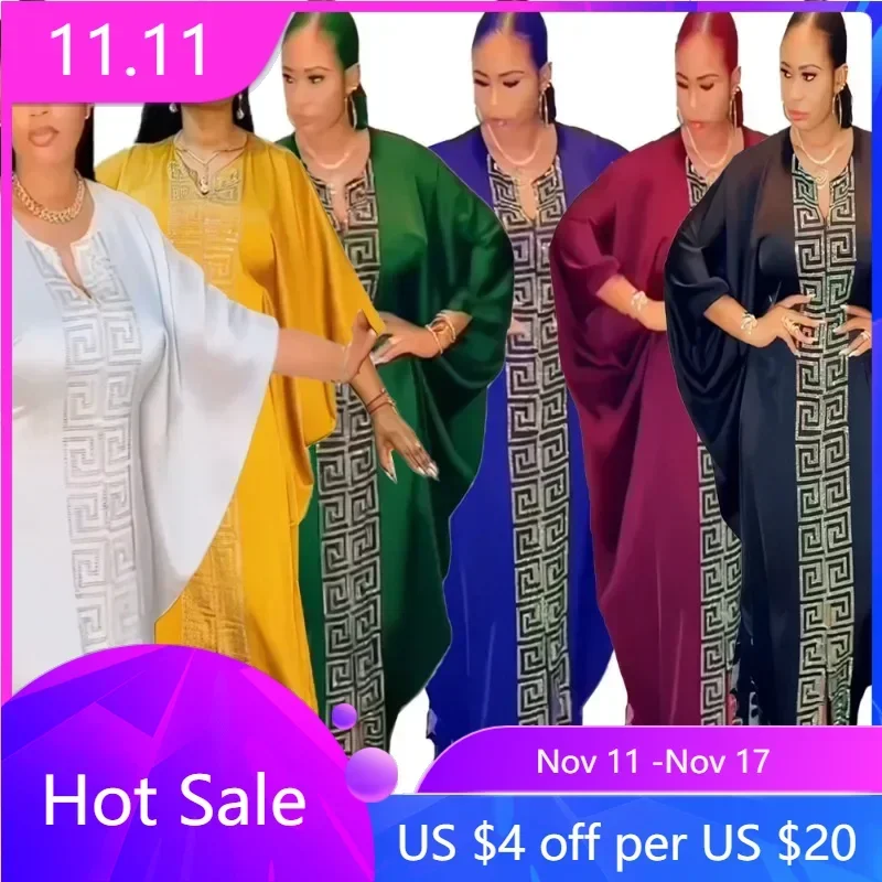 

Boubou Robe Africain Femme Outfits 2024 High Quality Dashiki White Diamonds Long Bat Sleeve O-neck Maxi Robe Dresses For Women