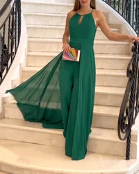 Spring New Fashion Woman Long Jumpsuits Elegant Sleeveless Ruched Sexy Backless Asymmetrical Hemline Jumpsuit