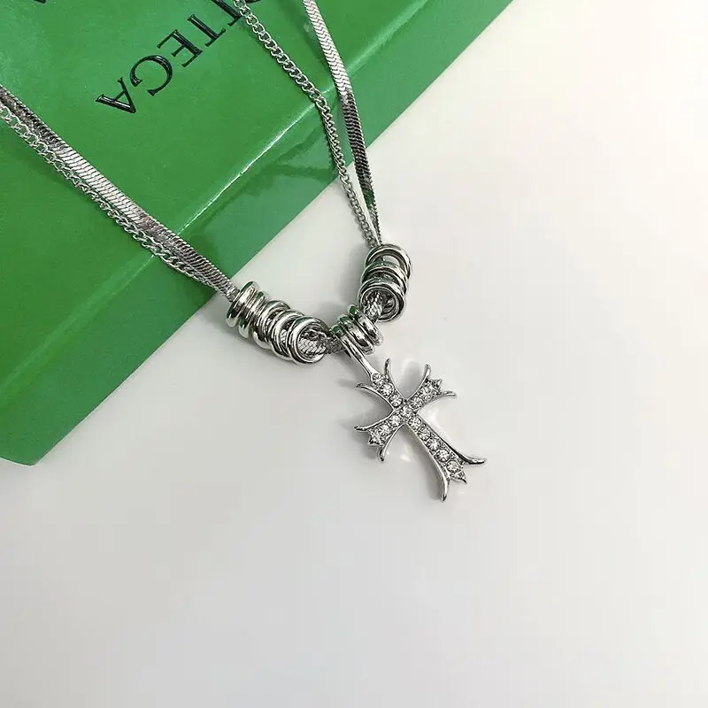New Fashion Hip-hop Retro Cross Pendant Double-Layer Necklace for Women Luxury Jewelry Original Winter Sweater Collarbone Chain