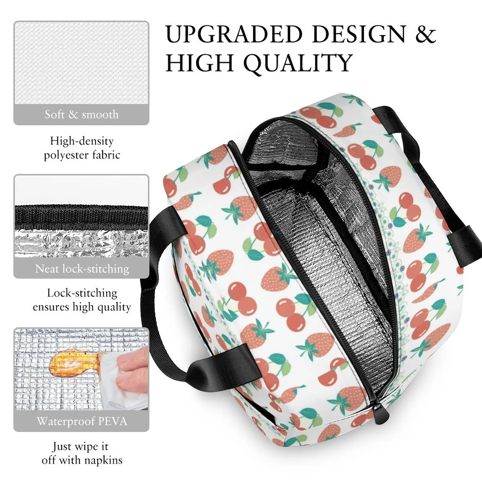 Custom Pattern Tote Lunch Bags for Women Fruit Cherry Print Portable Lunch Bag Picnic Travel Breakfast Box Office Work School