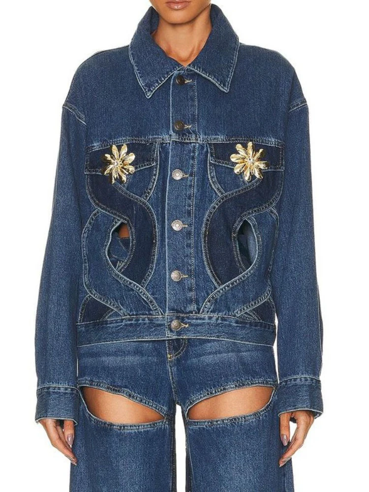 

Autumn Women'S Casual Denim Jacket Women'S Loose Lapel Hollowed Out Single Row Button Solid Color Denim Short Jacket