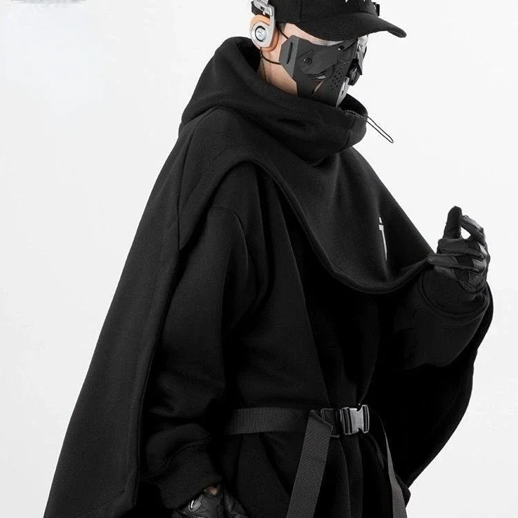 Japanese Simple Solid Color Cape Jacket Winter Hoodie Men Warm Windproof Loose Sweatshirt Anime Cosplayer Costume