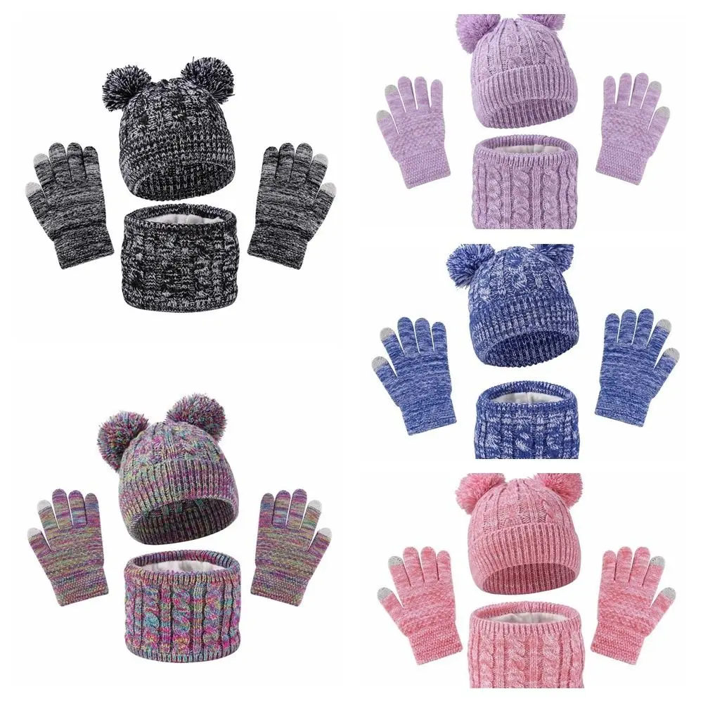 Cute Pompom Baby Hat Scarf Gloves Set Warm Ears Keep Warm Toddler Knitted Hats Thickened with Velvet Hat Set Boys