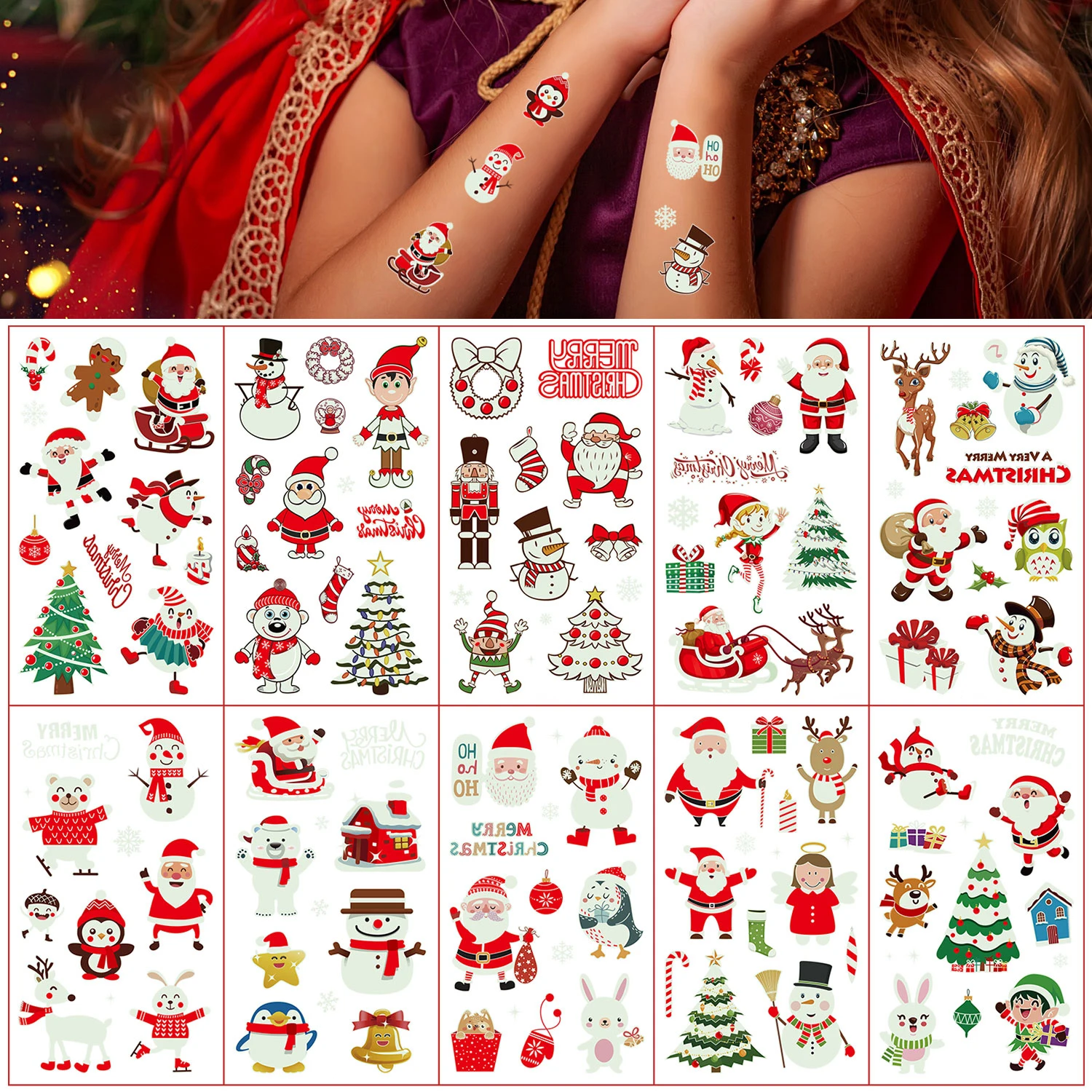 Tattoo Sticker 10 Sheets Christmas Luminous Cartoon Snowman Patterns Glow In The Dark Waterproof Temporary
