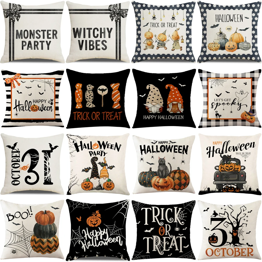 Halloween Decorations Cushion Cover 45cm Linen Pillow Cover Funny Pumpkin Candy Cobweb Printed Pillow Case Home Decor Pillowcase