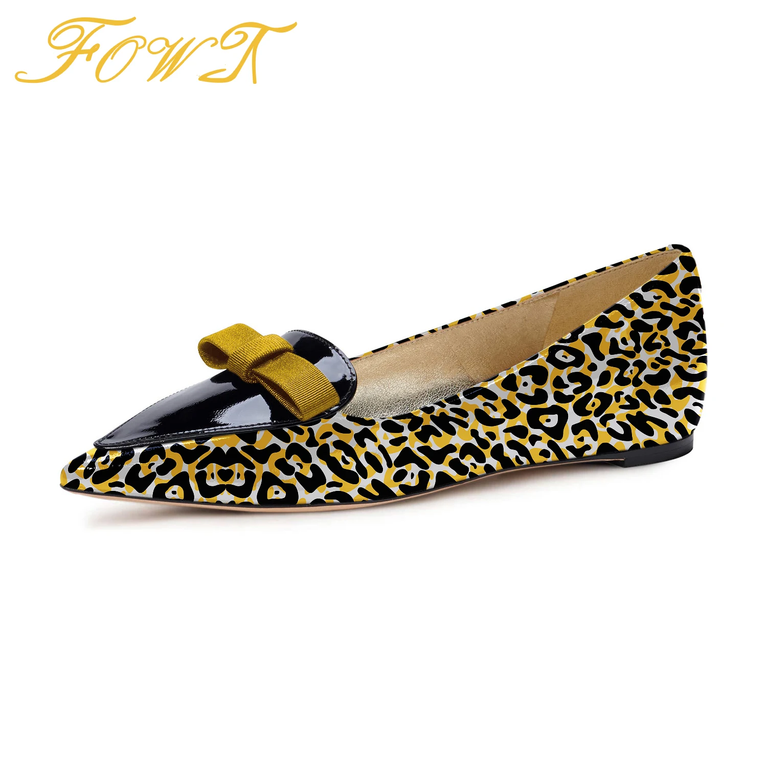 

Butterfly-Knot Women's Flats Yellow Leopard Pointed Toe Ladies Concise Casual Mature Spring Shoes Slip On Large Size 43 44 FOWT