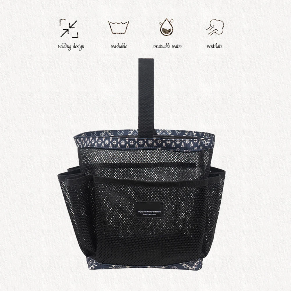 Black Mesh Shower Caddy With Multi Pocket Multifunctional Mesh Storage Bag For Bathroom Camp