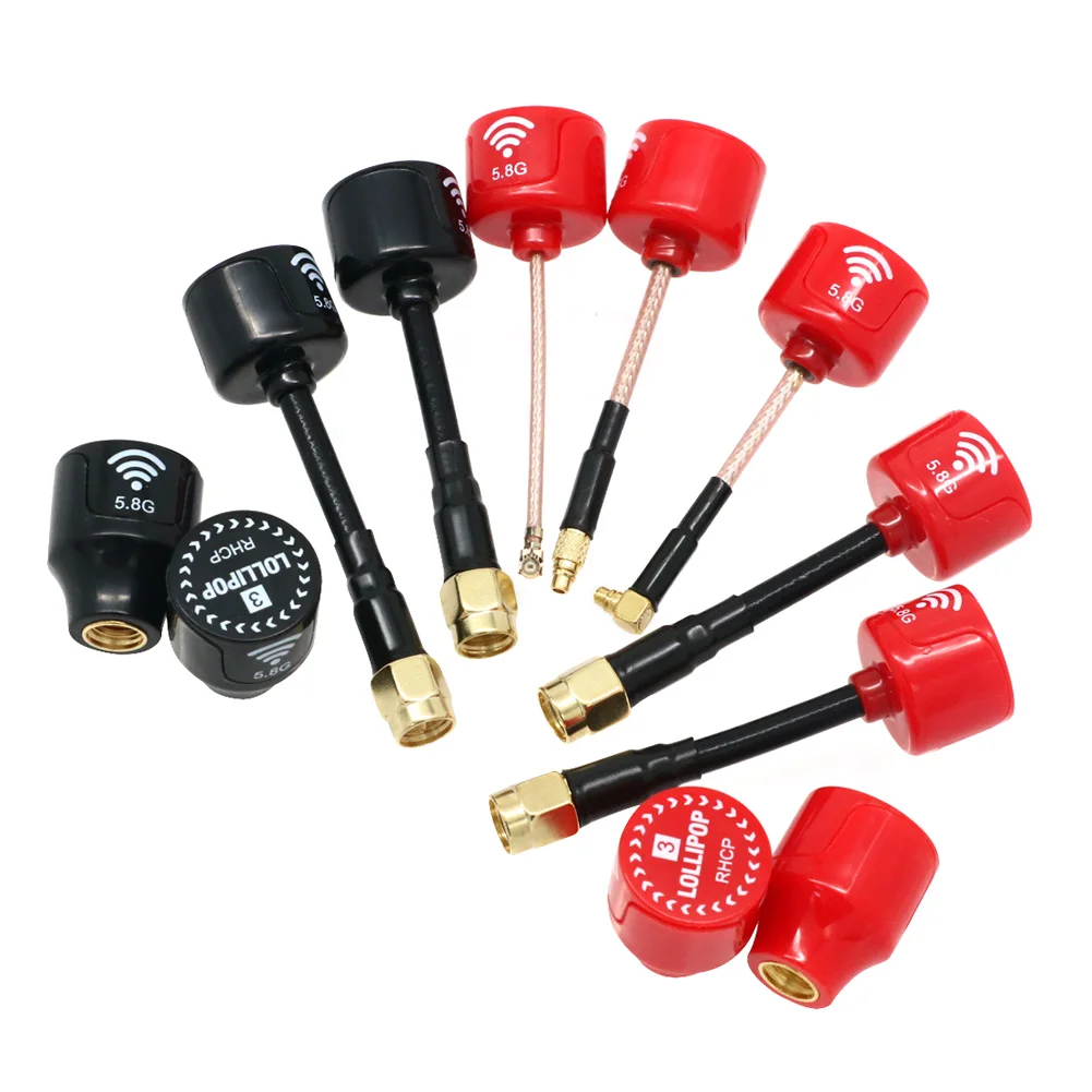 Antenne FPV RPSMA SMA longue pour drone, connecteur visible.