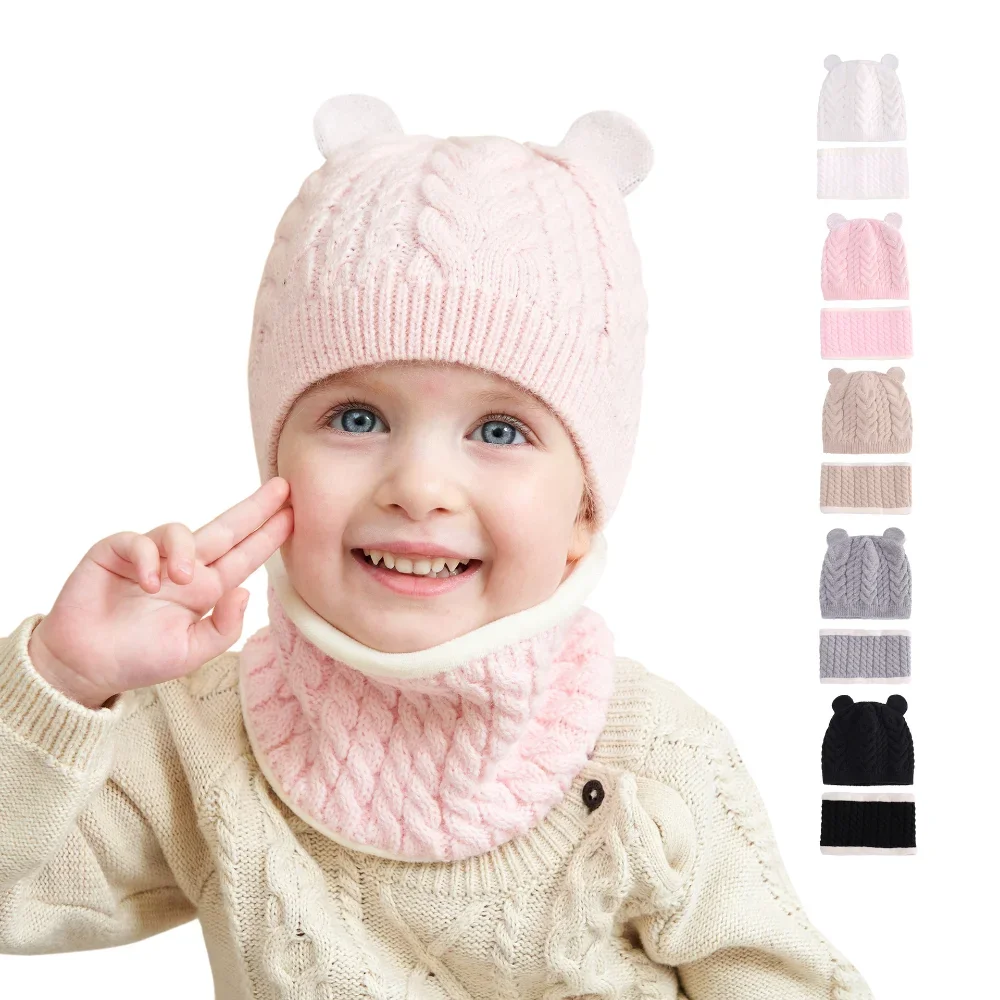 

Winter Fleece Children's Pullover Hat and Scarf Two-piece Set Baby Wool Single Ball Hat Scarf Kids Accessories قبعات مواليد